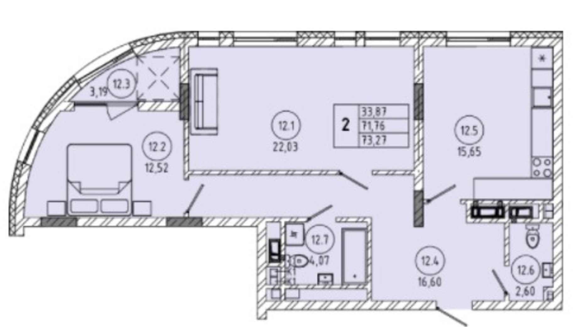 Планировка 2-комнатной квартиры в ЖК ул. Миколайчука, 38 73.27 м², фото 323478