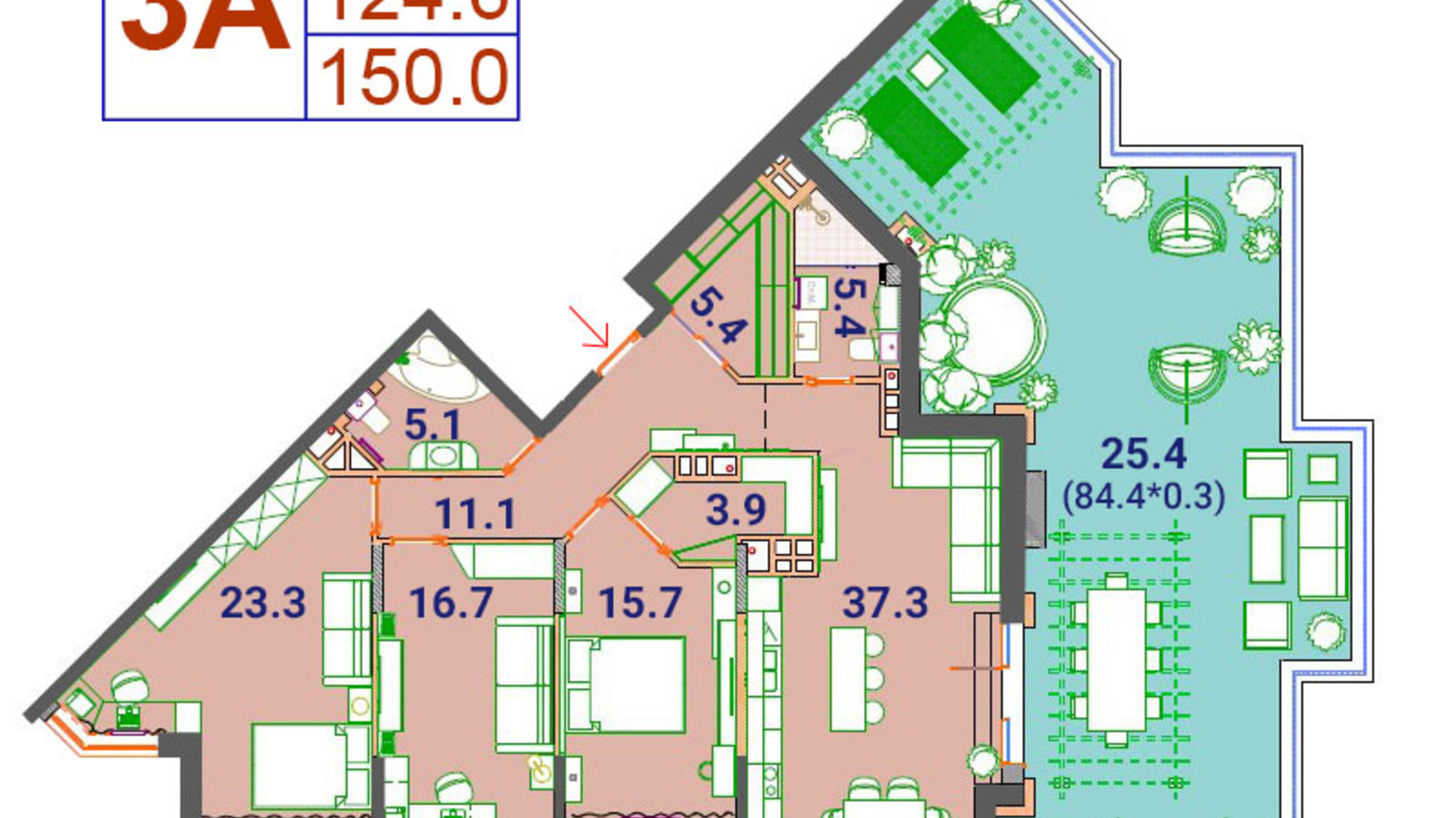 Планировка 3-комнатной квартиры в ЖК SunCity 150.07 м², фото 323796