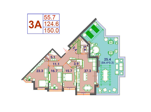 ЖК SunCity: планировка 3-комнатной квартиры 150.07 м²