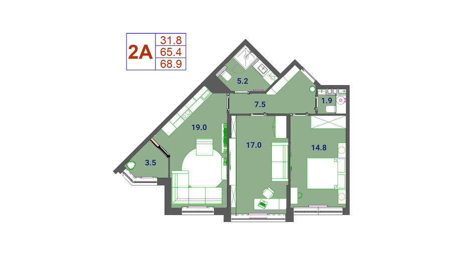 Планировка 2-комнатной квартиры в ЖК SunCity 68.91 м², фото 323799