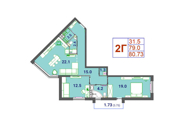 ЖК SunCity: планировка 2-комнатной квартиры 80.46 м²
