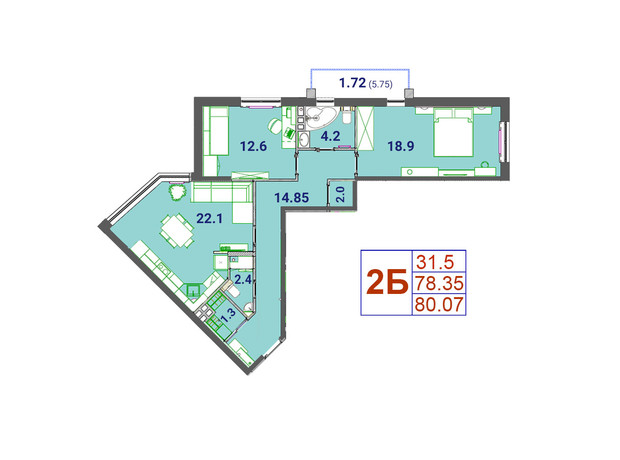 ЖК SunCity: планировка 2-комнатной квартиры 80.25 м²