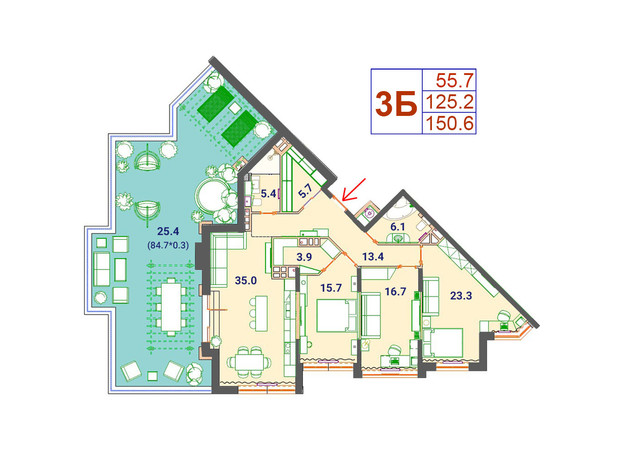 ЖК SunCity: планировка 2-комнатной квартиры 150.67 м²