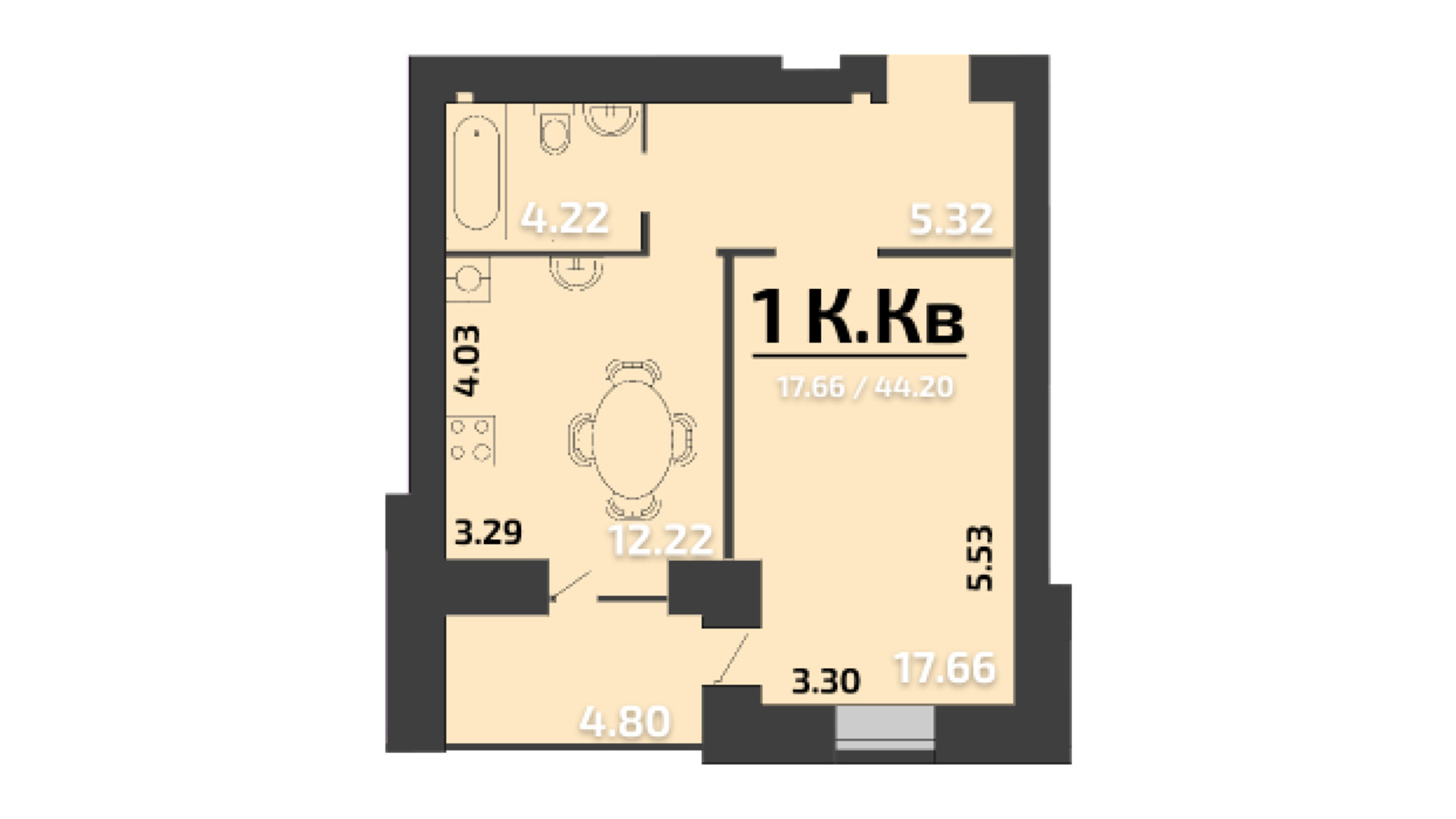 Планування 1-кімнатної квартири в ЖК Апельсин 44.2 м², фото 323890