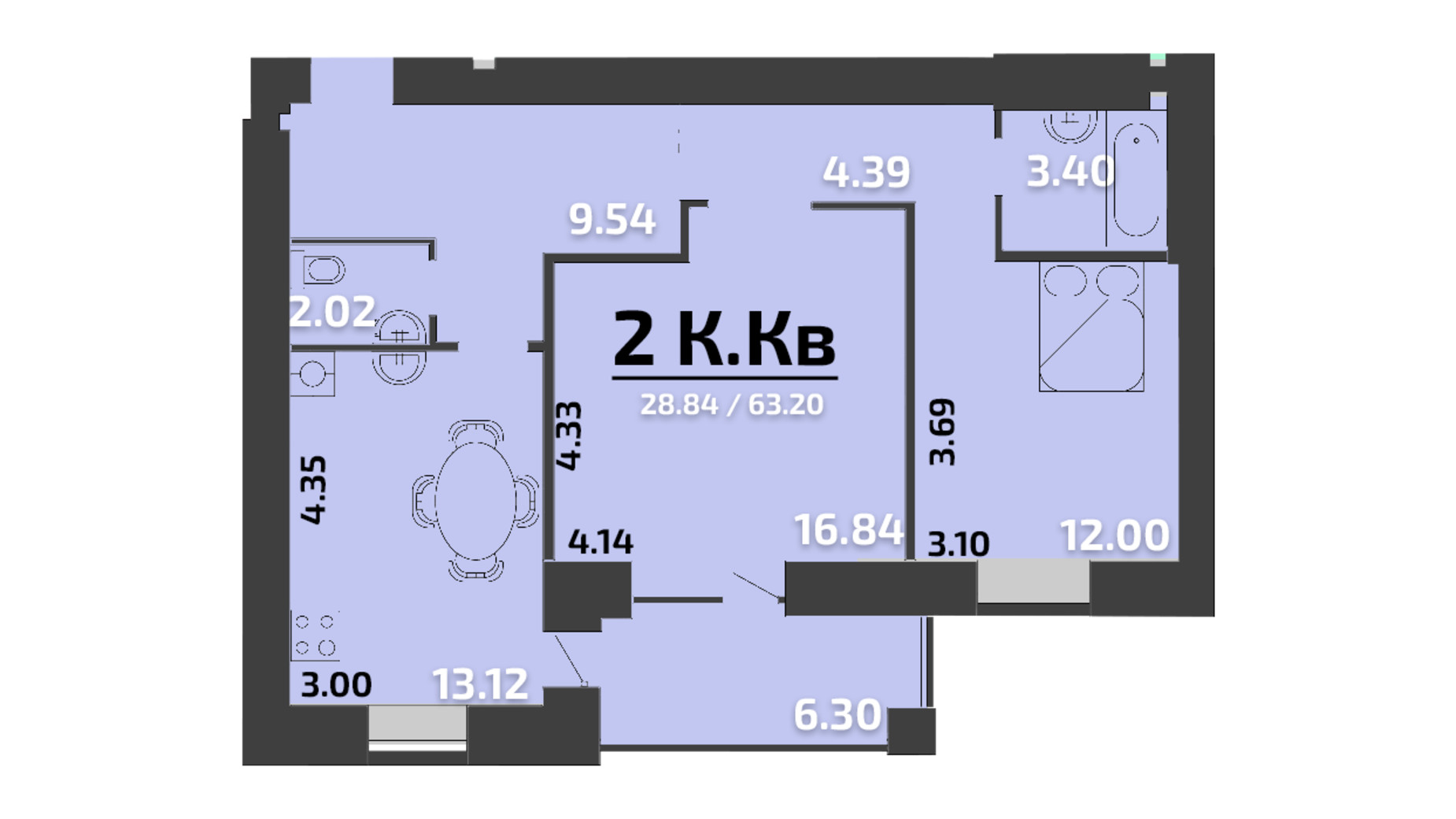 Планировка 2-комнатной квартиры в ЖК Апельсин 63.2 м², фото 323892