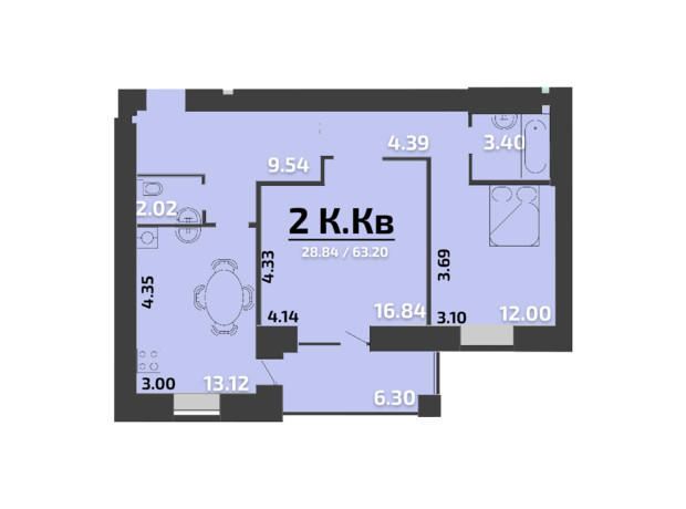 ЖК Апельсин: планування 2-кімнатної квартири 63.2 м²