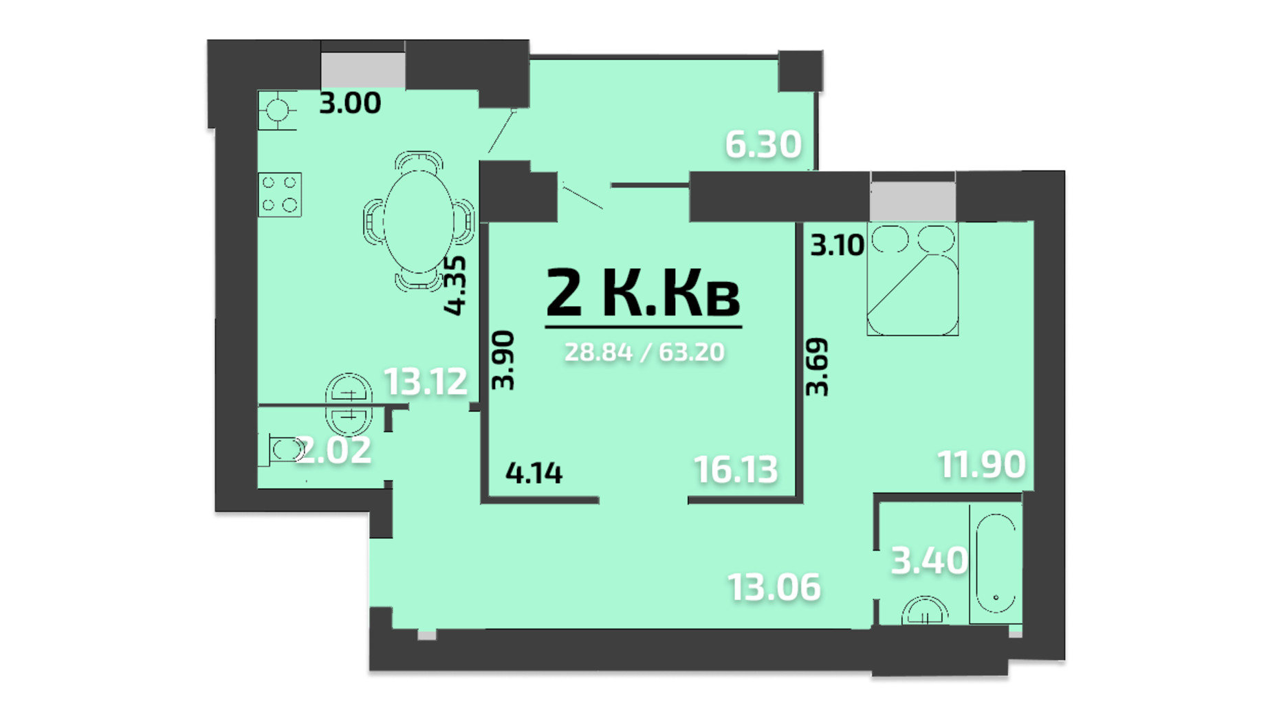 Планування 2-кімнатної квартири в ЖК Апельсин 61.5 м², фото 323894