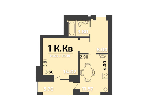 ЖК Апельсин: планування 1-кімнатної квартири 39.1 м²