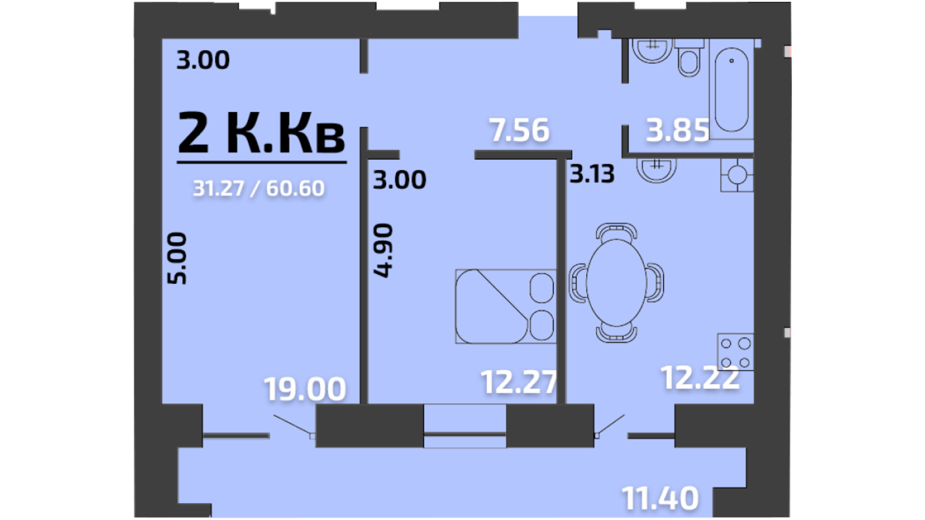 Планування 2-кімнатної квартири в ЖК Апельсин 60.6 м², фото 323896