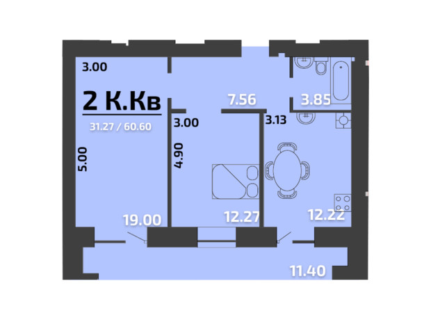 ЖК Апельсин: планування 2-кімнатної квартири 60.6 м²