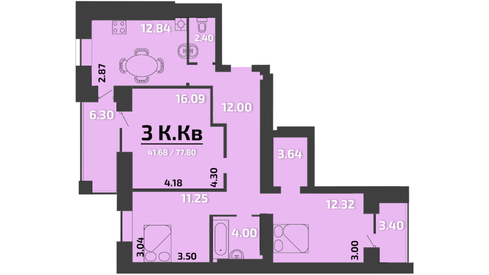 Планування 3-кімнатної квартири в ЖК Апельсин 78 м², фото 323898