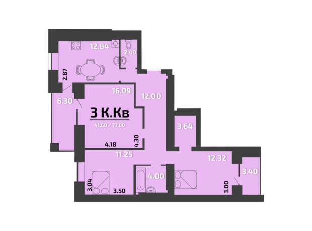 ЖК Апельсин 3: планировка 3-комнатной квартиры 78 м²