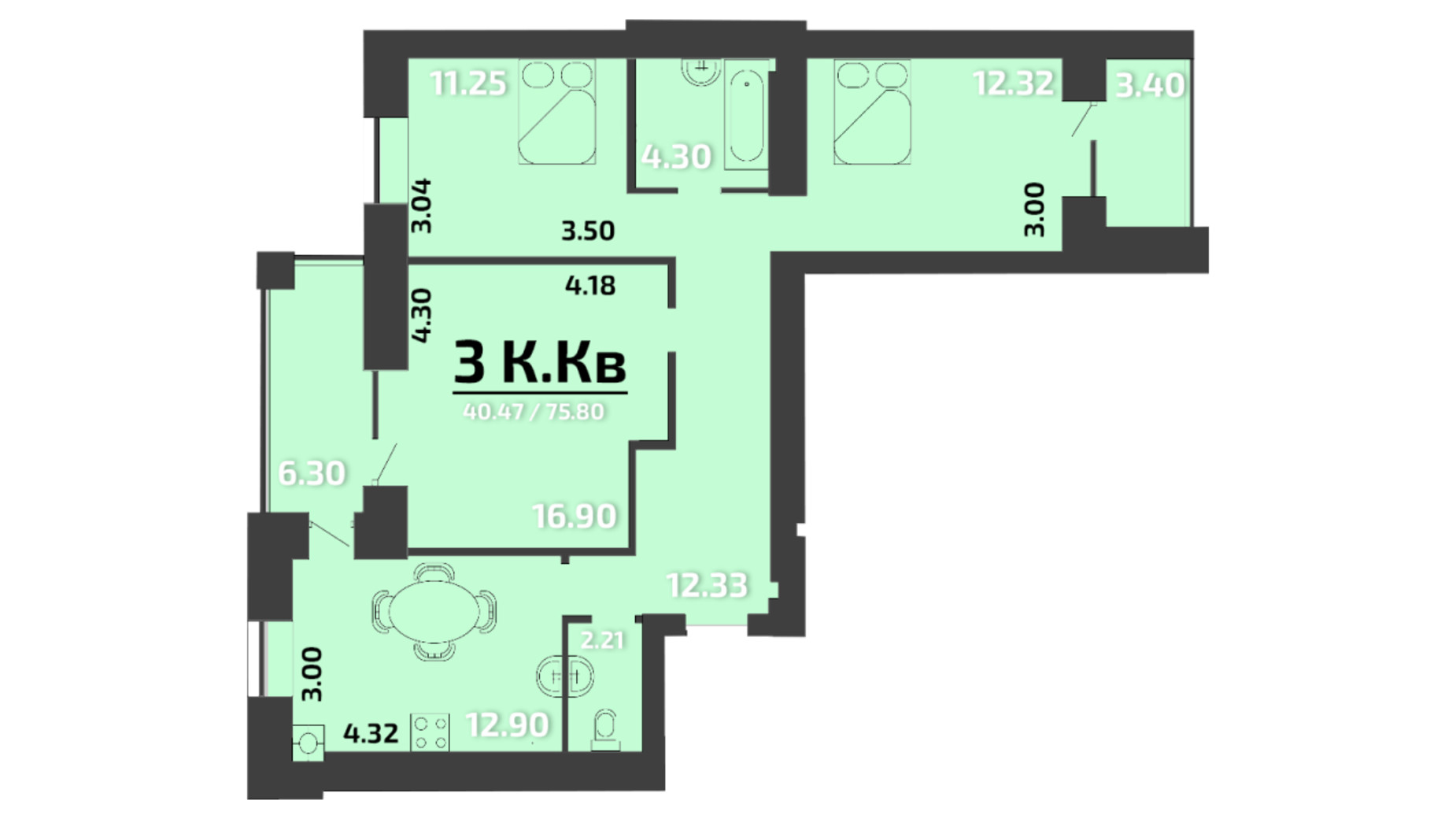 Планування 3-кімнатної квартири в ЖК Апельсин 75.8 м², фото 323899