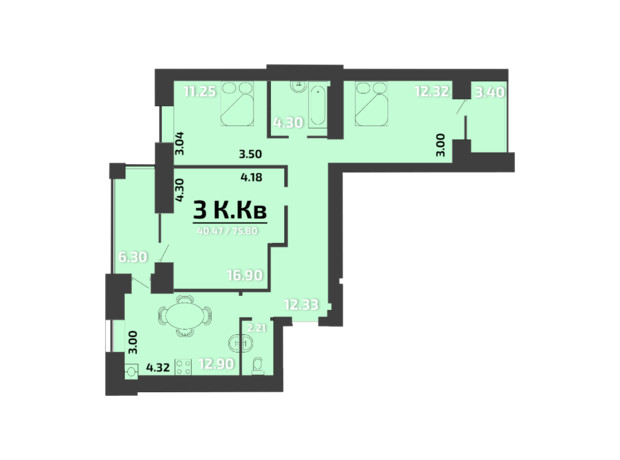 ЖК Апельсин: планування 3-кімнатної квартири 75.8 м²