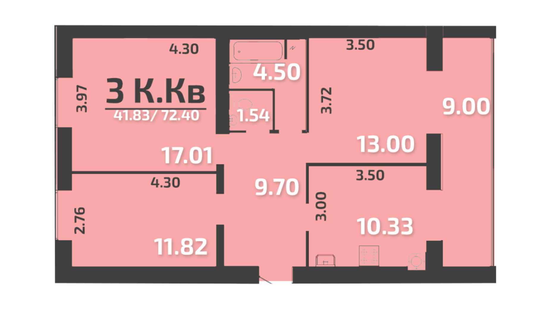 Планировка 3-комнатной квартиры в ЖК Park Residence 72 м², фото 323903