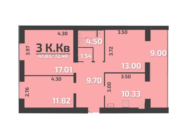 ЖК Park Residence: планування 3-кімнатної квартири 72 м²