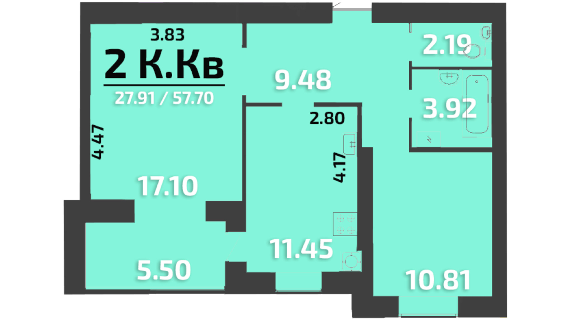 Планування 2-кімнатної квартири в ЖК Park Residence 57 м², фото 323907