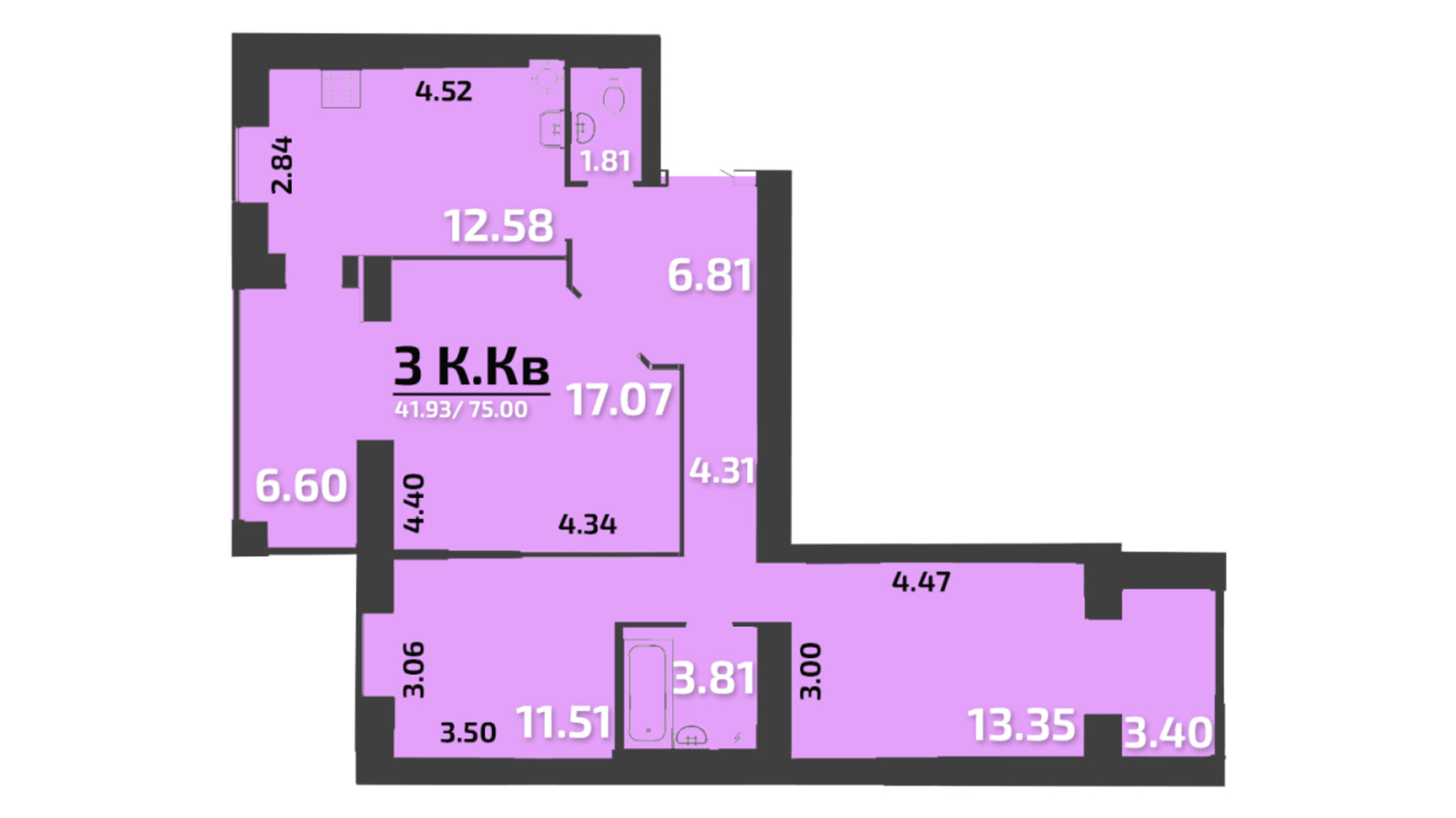 Планування 3-кімнатної квартири в ЖК Park Residence 75 м², фото 323909