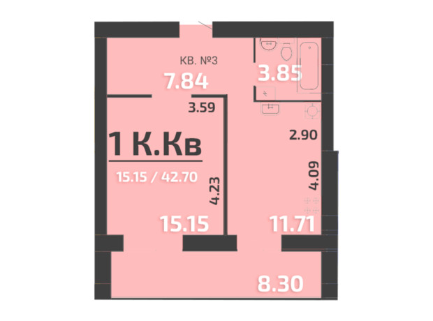 ЖК Park Residence: планировка 1-комнатной квартиры 42 м²