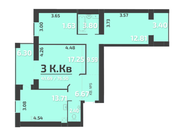 ЖК Park Residence: планировка 3-комнатной квартиры 76 м²