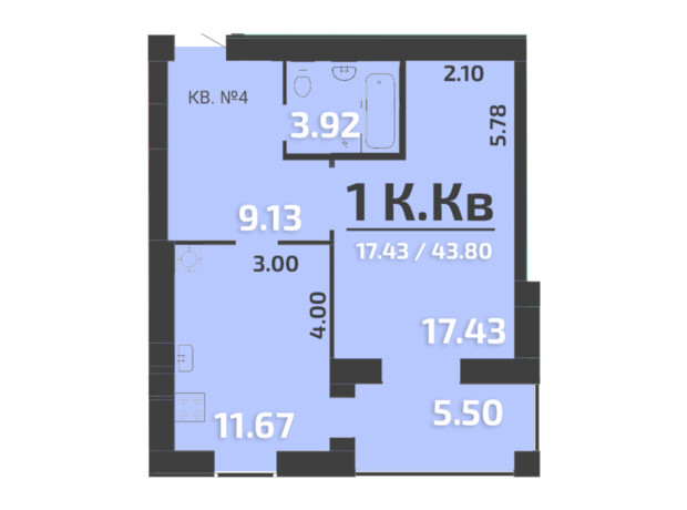 ЖК Park Residence: планировка 1-комнатной квартиры 43 м²