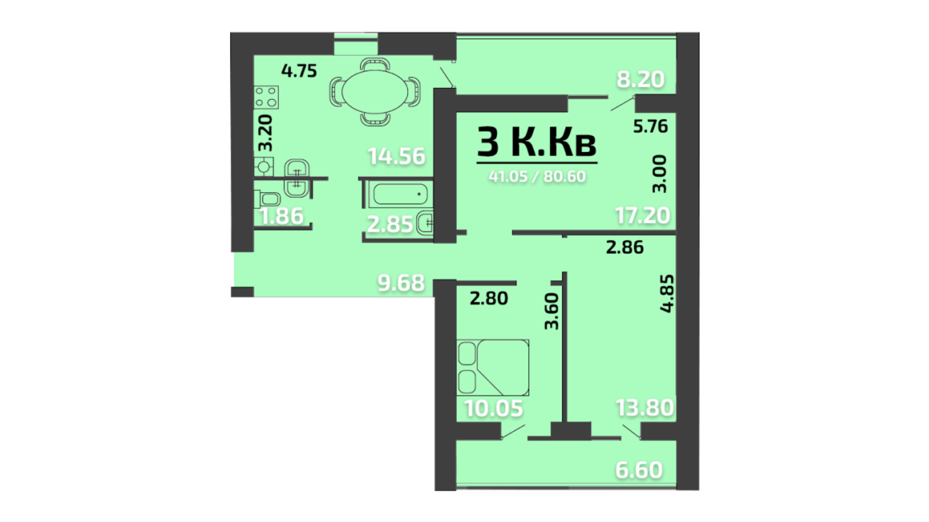 Планировка 3-комнатной квартиры в ЖК Апельсин 80.6 м², фото 323914