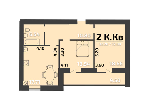 ЖК Апельсин: планування 2-кімнатної квартири 72 м²