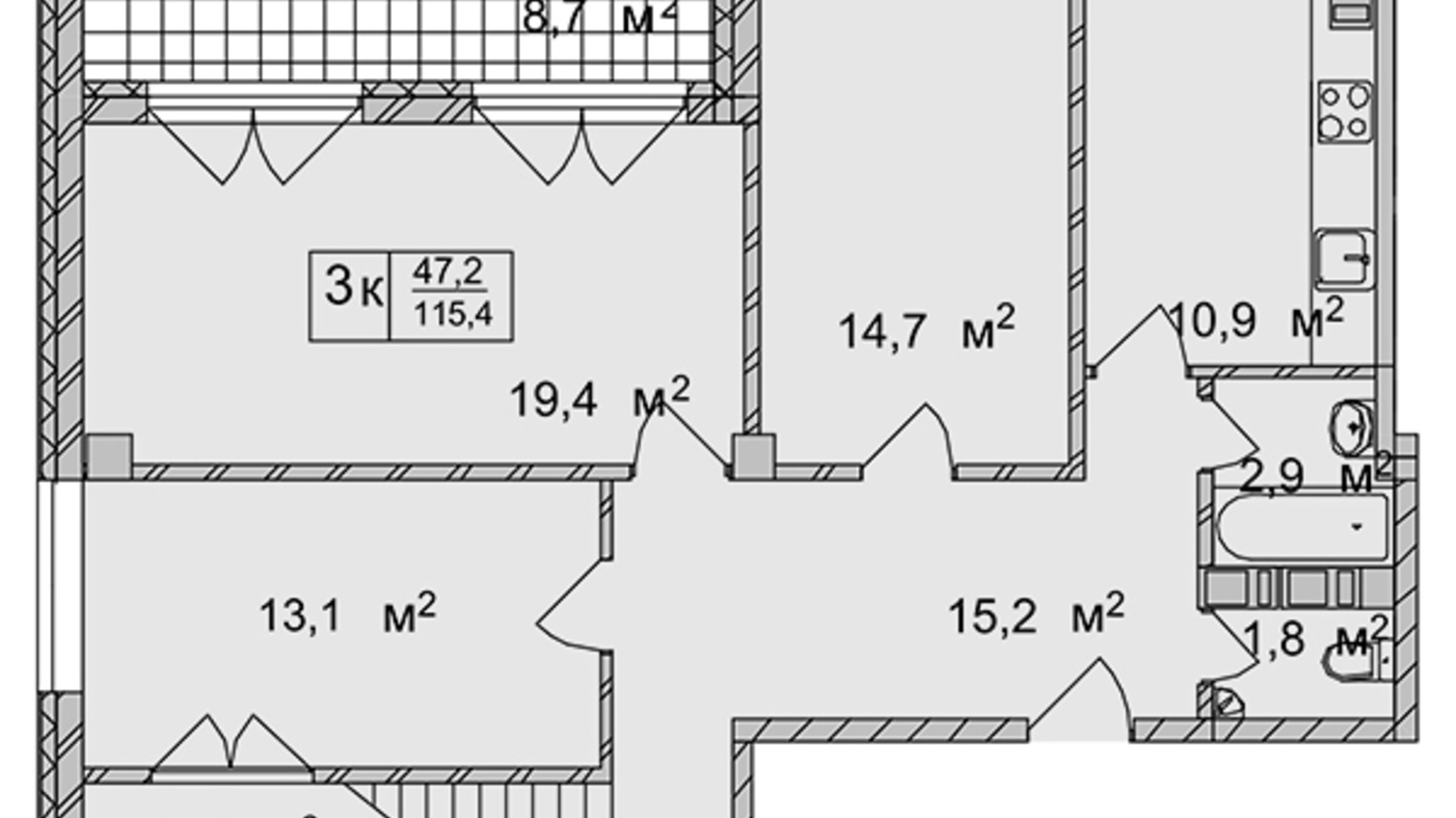 Планировка 3-комнатной квартиры в ЖК Титул Дом на Пушкинской 115.4 м², фото 324270