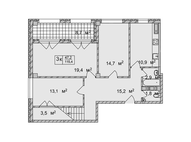 ЖК Титул Дом на Пушкинской: планировка 3-комнатной квартиры 115.4 м²