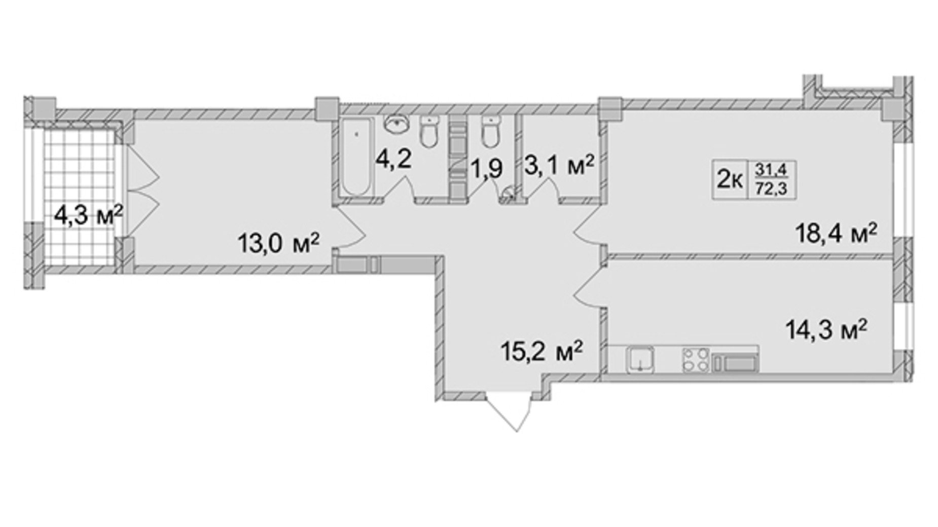 Планировка 2-комнатной квартиры в ЖК Титул Дом на Пушкинской 72.3 м², фото 324275