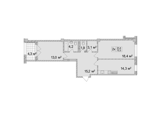 ЖК Титул Будинок на Пушкінській: планування 2-кімнатної квартири 72.3 м²