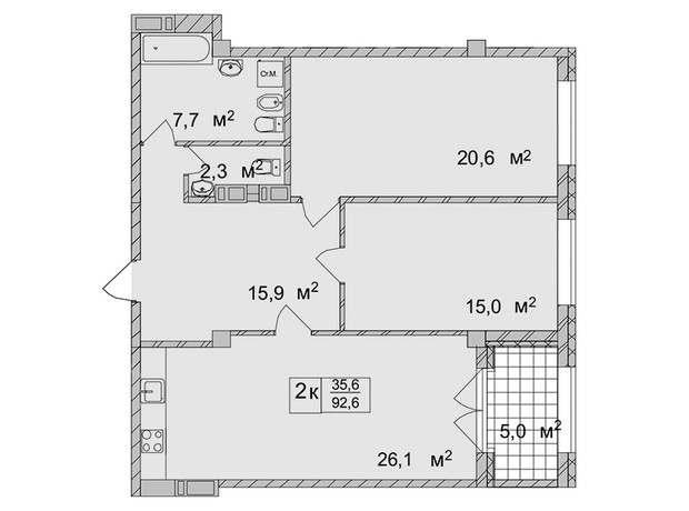 ЖК Титул Будинок на Пушкінській: планування 2-кімнатної квартири 92.6 м²