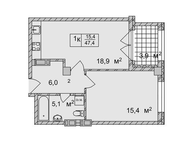 ЖК Титул Будинок на Пушкінській: планування 1-кімнатної квартири 47.4 м²