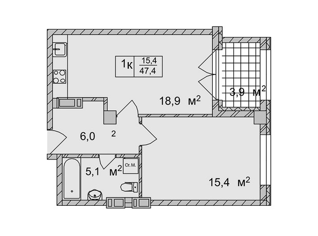 ЖК Титул Дом на Пушкинской: планировка 1-комнатной квартиры 47.4 м²