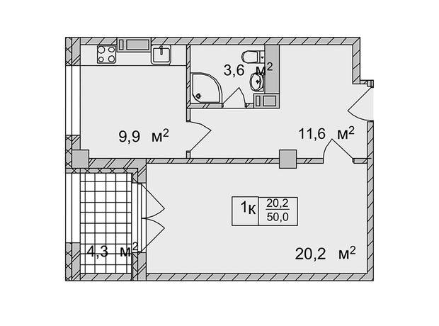 ЖК Титул Будинок на Пушкінській: планування 1-кімнатної квартири 50 м²