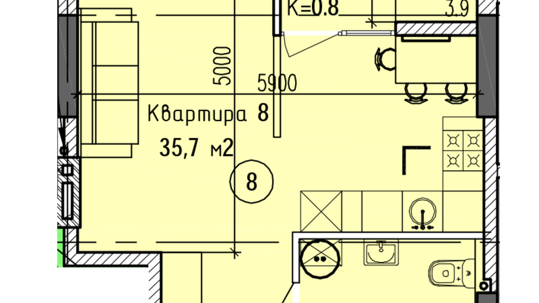 Планировка 2-комнатной квартиры в ЖК Затишний-2 35.7 м², фото 324349