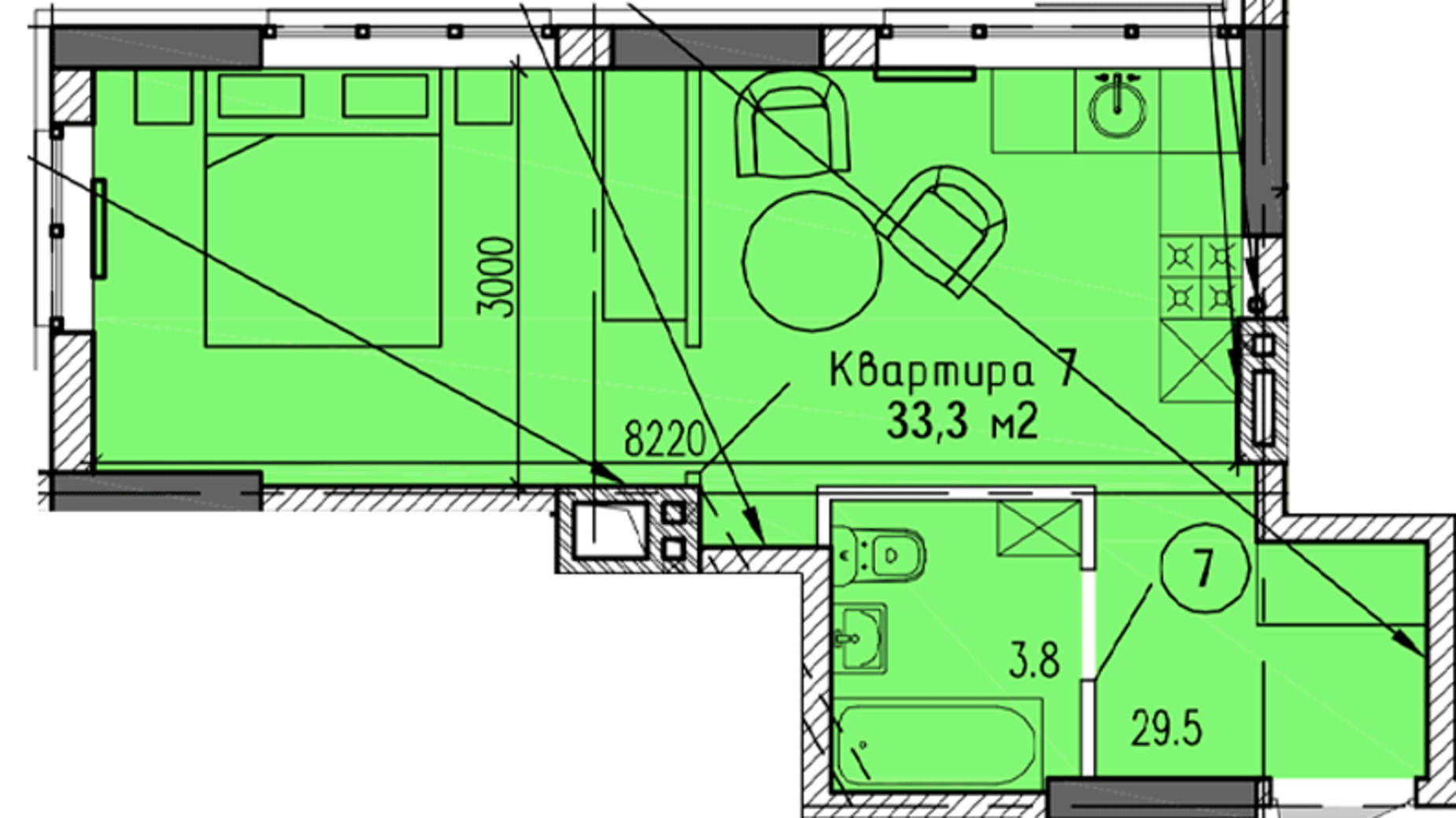 Планування 1-кімнатної квартири в ЖК Затишний-2 33.3 м², фото 324353