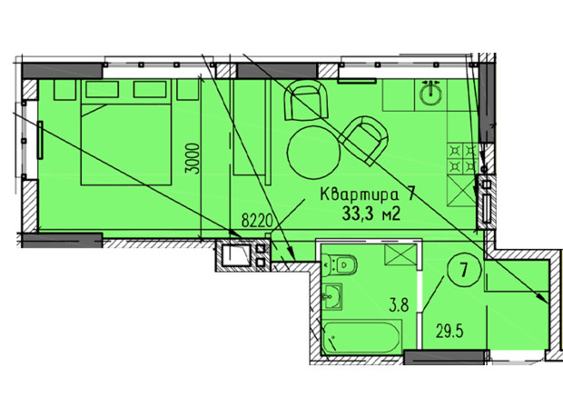 ЖК Затишний-2: планування 1-кімнатної квартири 33.3 м²
