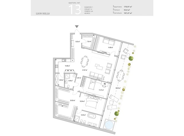 ЖК Lion Hills: планировка 3-комнатной квартиры 187.47 м²