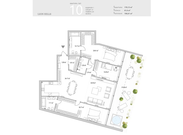 ЖК Lion Hills: планировка 3-комнатной квартиры 196.61 м²