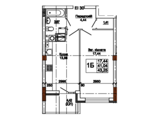 ЖК Центральный: планировка 1-комнатной квартиры 43.25 м²