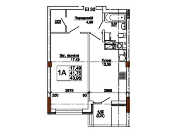 ЖК Центральний : планування 1-кімнатної квартири 43.96 м²