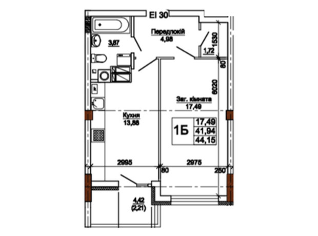 ЖК Центральный: планировка 1-комнатной квартиры 44.15 м²