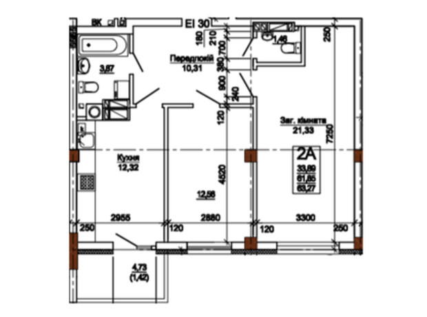 ЖК Центральный: планировка 2-комнатной квартиры 63.27 м²
