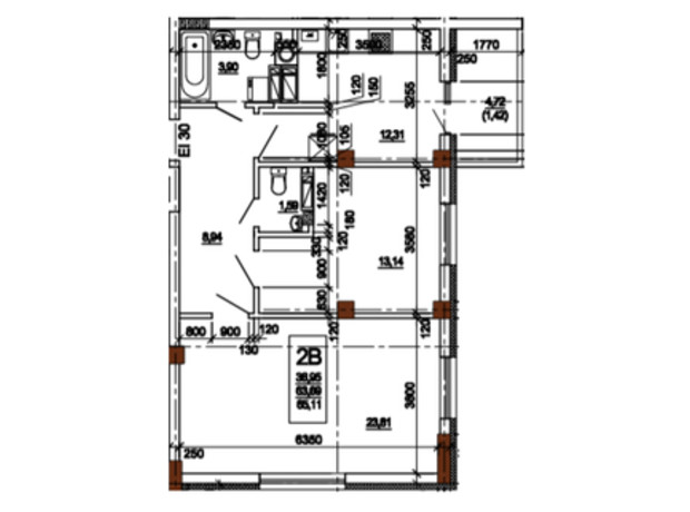 ЖК Центральный: планировка 2-комнатной квартиры 65.11 м²