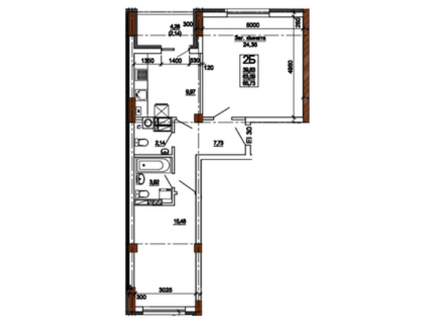 ЖК Центральный: планировка 2-комнатной квартиры 65.73 м²