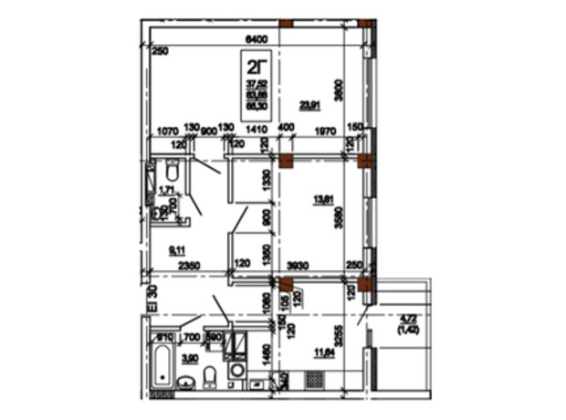 ЖК Центральный: планировка 2-комнатной квартиры 66.3 м²