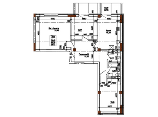 ЖК Центральний : планування 3-кімнатної квартири 96.47 м²