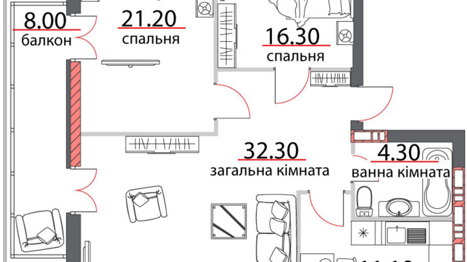 Планування 3-кімнатної квартири в ЖБ вул. Шевченко, 96а 119.15 м², фото 324996