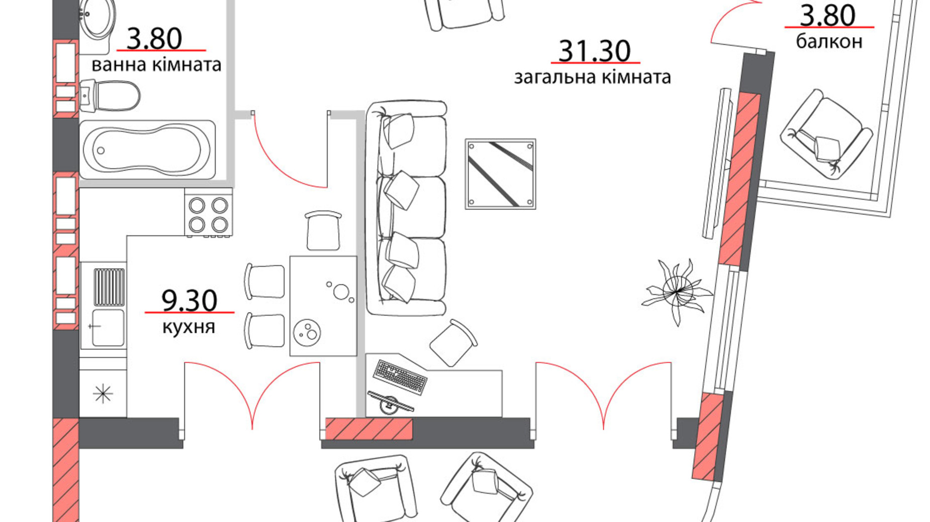 Планування 1-кімнатної квартири в ЖБ вул. Шевченко, 96а 64.5 м², фото 325005